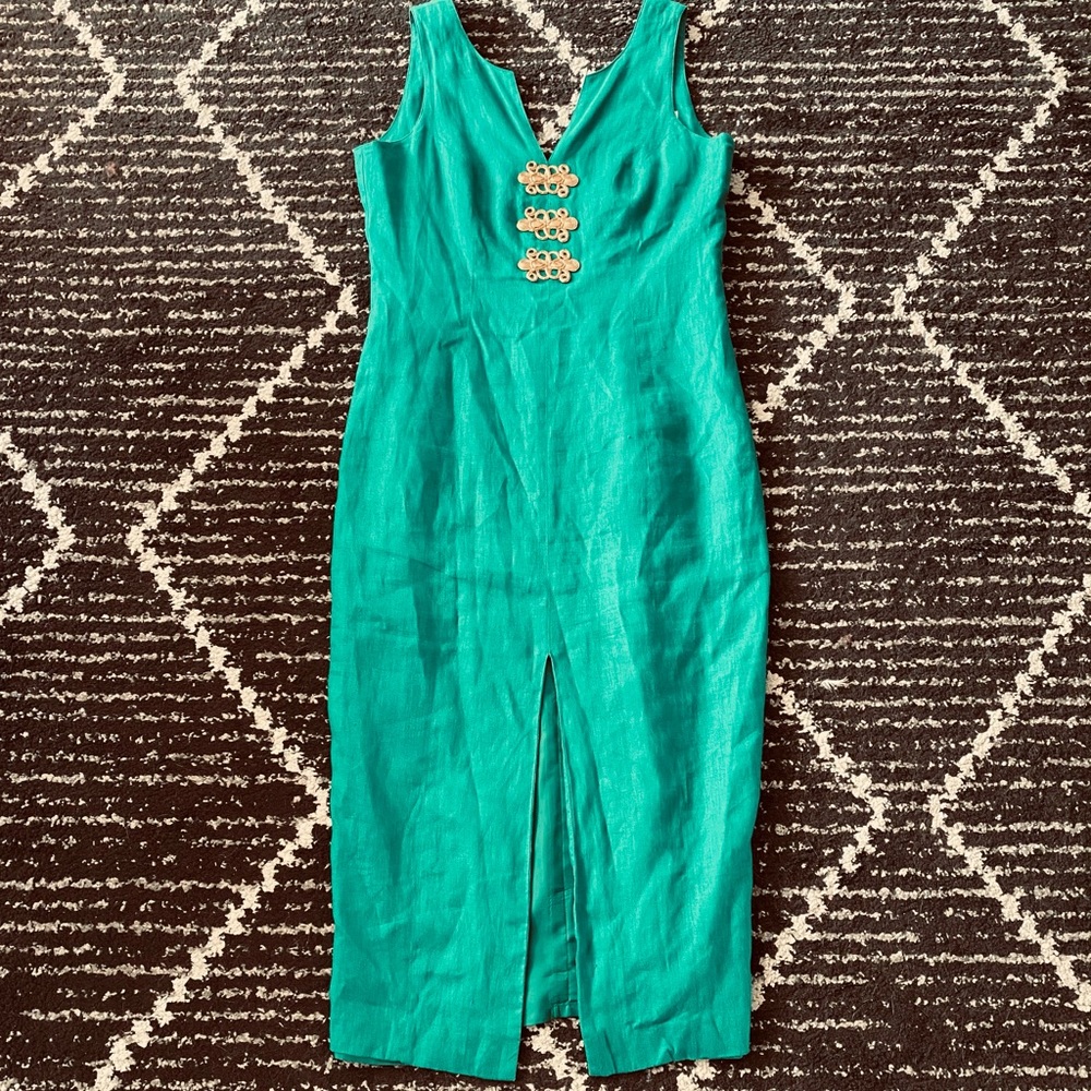 Stunning vintage teal linen dress